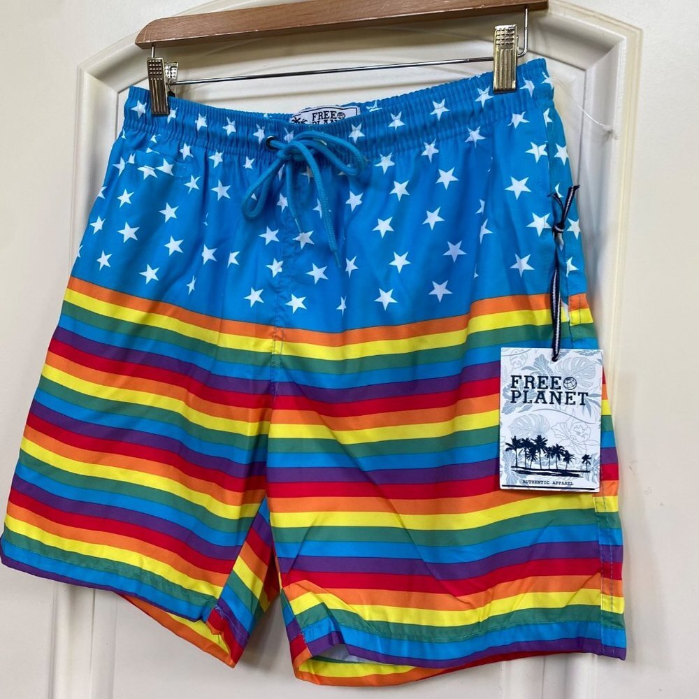 Free Planet Mens Swimming Trunks Size Medium Swim Shorts Rainbow Pride LGBTQ New - Picture 3 of 11